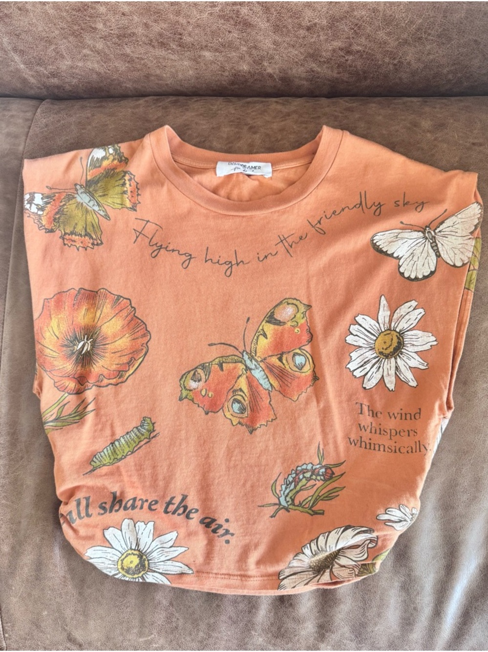 Free People Orange Butterfly & Floral Muscle Tee